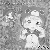 Kawaii Anime girl & Jibanyan in monochrome