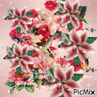 LIGHT PINK AND DARK PINK FLOWERS WITH SPARKLESYELLOW AND GREEN HUMMING BIRDS FLUTTERING, A PINK BACK GROUND WITH SPARKLES. - GIF animado gratis
