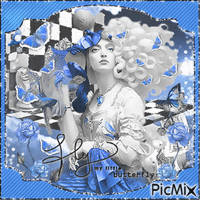 Artistic woman butterfly black white blue - Gratis geanimeerde GIF