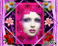 visage de femme parmie les fleurs animált GIF