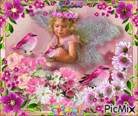AN ANGEL IN PINK, PINK GLITTERING FLOWERS, 2 LOVE WORDS, 3 PINK BIRDS, AND SPARKLING WINGS ON ANGEL. - Free animated GIF