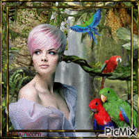 Beautiful young woman with parrots - Gratis animerad GIF