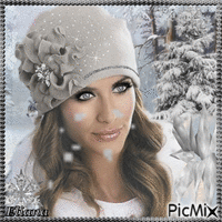 Mulher no inverno com um chapéu branco - GIF animado grátis