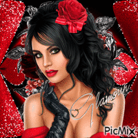 Femme glamour/cheveux et gants noirs/rose rouge - Animovaný GIF zadarmo