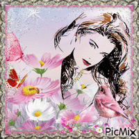 Portrait Woman Spring Flowers Bird Pink Butterfly Glamour Glitter - GIF animé gratuit