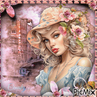 Femme avec un chapeau et une rose - Бесплатный анимированный гифка