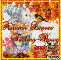 AUTUMN LEAVES FALLING DOWNCAT DRESSED IN WINTER CLOTHES LEAVES BLOWING AND FALLING, A HUNGRY BIRD. SHINY APPLES IN A BASKET, IN A GOLD AND ORANGE FRAME. animovaný GIF