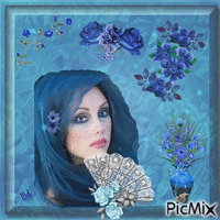 Femme et fleurs bleues