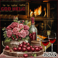 Happy Weekend. Fireplace, red wine, roses GIF animé