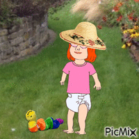 Baby and Inch posing for a garden shot animovaný GIF