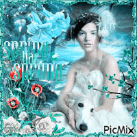 Femme et chien au printemps - Tons turquoises - Безплатен анимиран GIF
