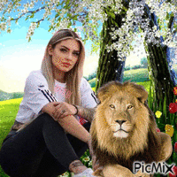 Девушка и лев - GIF animado grátis