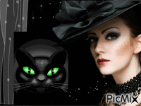 chat noir avec sa petite maîtresse - Бесплатный анимированный гифка