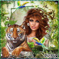 Carla et son tigre. GIF animado