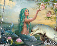 Sirène et dauphins - GIF animé gratuit