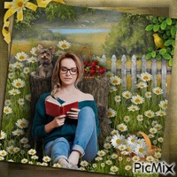 Girl Reading a book under Tree-RM-05-16-23 - Free animated GIF