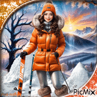 Femme, ski en montagne анимированный гифка