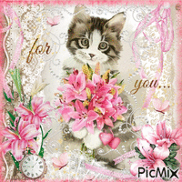 for you - kitty with lilies - GIF animado grátis