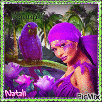 Visage de femme avec perroquets - Tons violets et verts