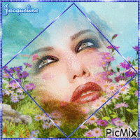 visage de femme sur un paysage fleuri - Gratis geanimeerde GIF