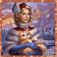 femme avec chat en hiver-Fantasy - GIF animé gratuit