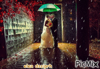 groom and bride in the rain