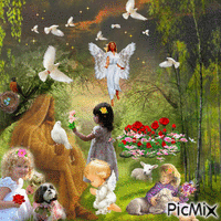 JESUS AND ANGELS, AND FRIENDS, FLOWERS BLOWING CHILDREN PLAYING, ANGELS, A LITTLE GIRL WITH HER DOGGIE, ONE WITH A SHEEP, ONE WITH FLOWERS, A BIRD AND BIRD NEST. анимирани ГИФ
