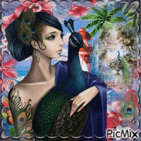 Femme et Paon tropical - Free animated GIF