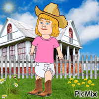 Country baby by house, flowers and fence animoitu GIF