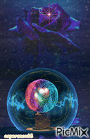 rose bleu et globe avec coeur анимиран GIF