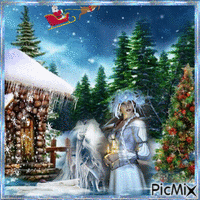Christmas with blue Woman with Horses - Besplatni animirani GIF