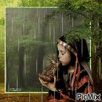 girl and frog in rain