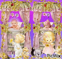 2 babies in their pink and gold sparkles, with a red heart, their brother and sister are playing with their pets, a cat, 2 dogs, a bear, and a buterfly. the little girl is playing a flutethere are flowers dancing over the babies heads, all framed in gold. animeret GIF