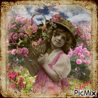 Винтаж девочка с розами - Ingyenes animált GIF