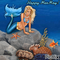 Mermaid near coral and fish GIF animé