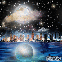 Stars Moon Over City Waters анимированный гифка