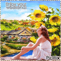 Enjoy your weekend. Sunflowers, Woman, view アニメーションGIF