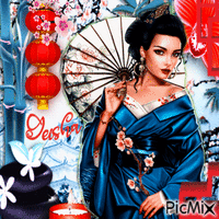 Geisha en rouge et bleu GIF animé