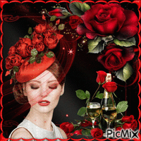Portrait de femme et roses rouges.