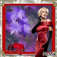 Femme en rouge avec gants noirs