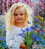 Little girl with blue flowers