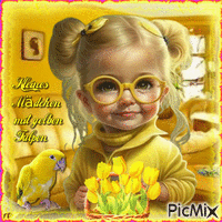Kleines Mädchen mit gelben Tulpen - GIF animé gratuit