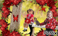 TWO LITTLE GIRLS., TWO CATS, RED ROSES, RED BIRDS, RED BUTTERFLIES. - GIF animé gratuit