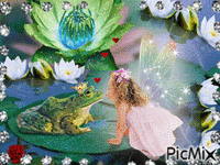 alITTLE GIRL FAIRY KISSING A FROG ON A LILY PAD WITH SOME FLOWERS AND FLASHONG IN THE WATER, AND DIAMOND FRAME, AND FLASHNG WINGS. - Бесплатни анимирани ГИФ