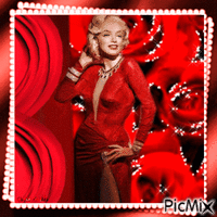 Marilyn en rouge et roses rouges GIF animé