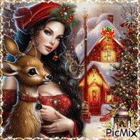 Mujer navideña y su ciervo - GIF animado grátis