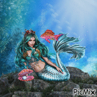 Mermaid with fish and shell animovaný GIF