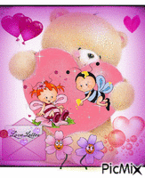 TEDDY BEAR- TAN COLORED,2 PINK BALLONS SHAPED LIKE HEARTS,A PINK LOVE LETTER BEES PLAYING ON HEARTS 2 FLOWERS DANCING. animuotas GIF