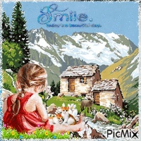 Smile. Today is a beautiful day. Mountain. Girl, cats animovaný GIF