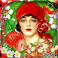 Vintage woman in red and strawberries